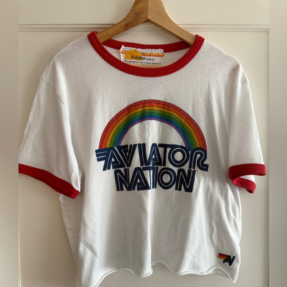 Aviator Nation women’s  Tee with Rainbow and Red Trim